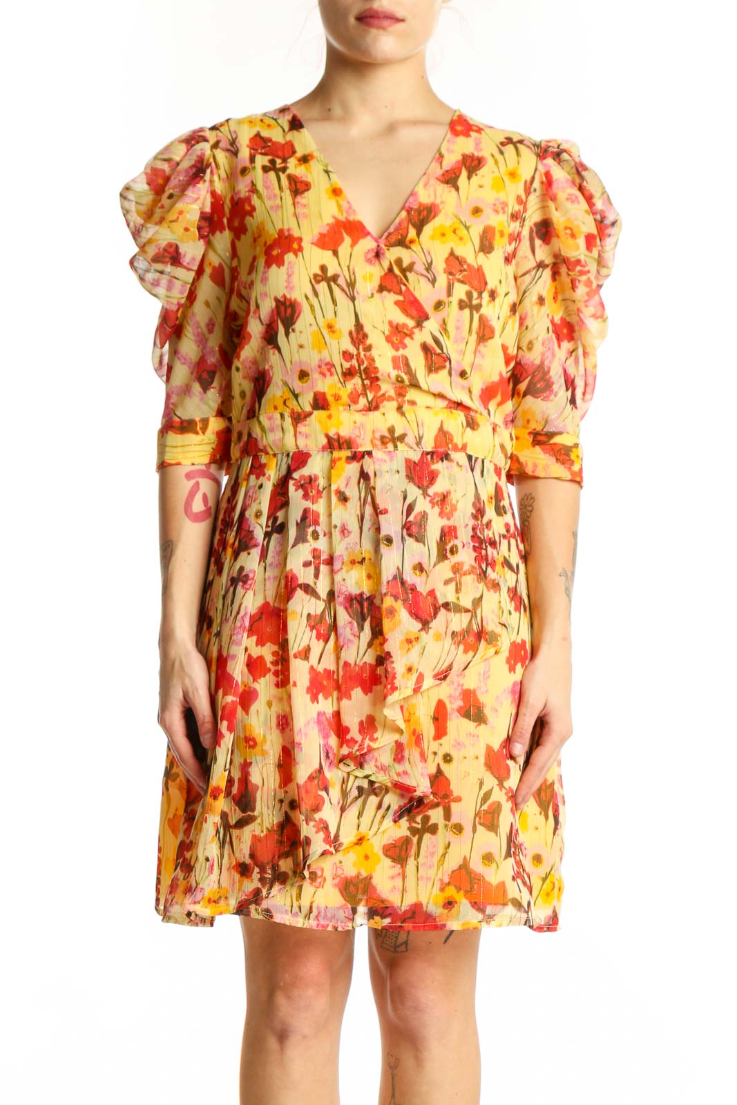 Red Yellow Floral Puff Sleeve Dress Front