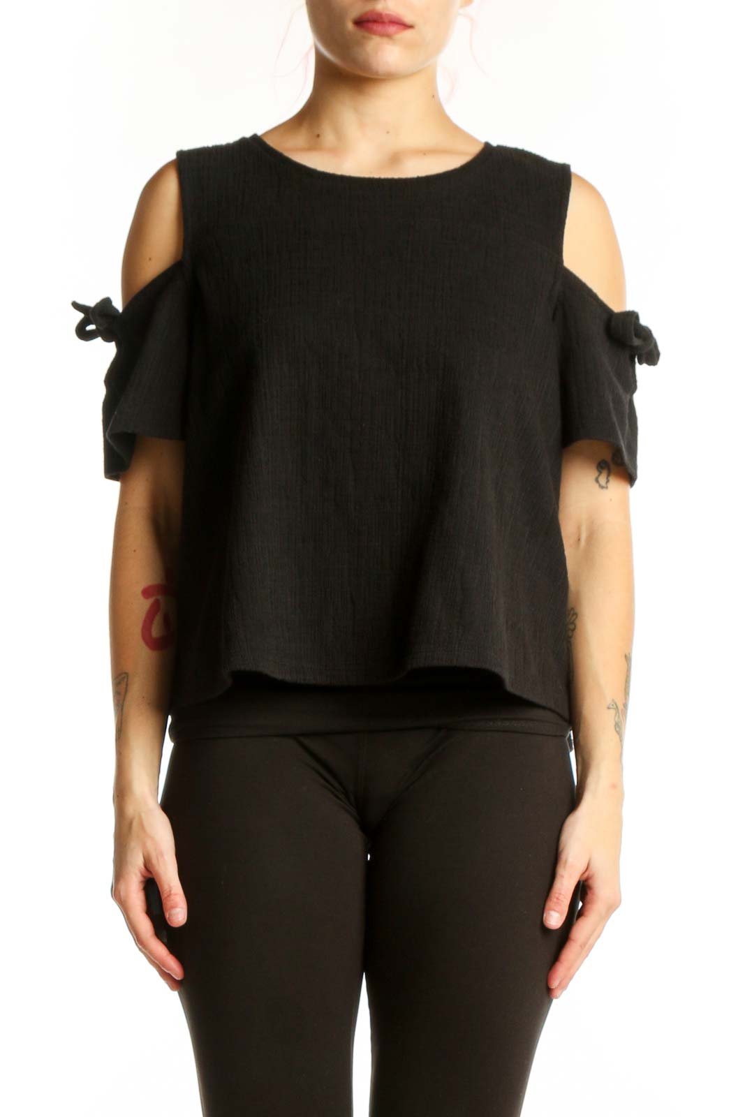 Black Cold Shoulder Top with Tie Sleeves Front