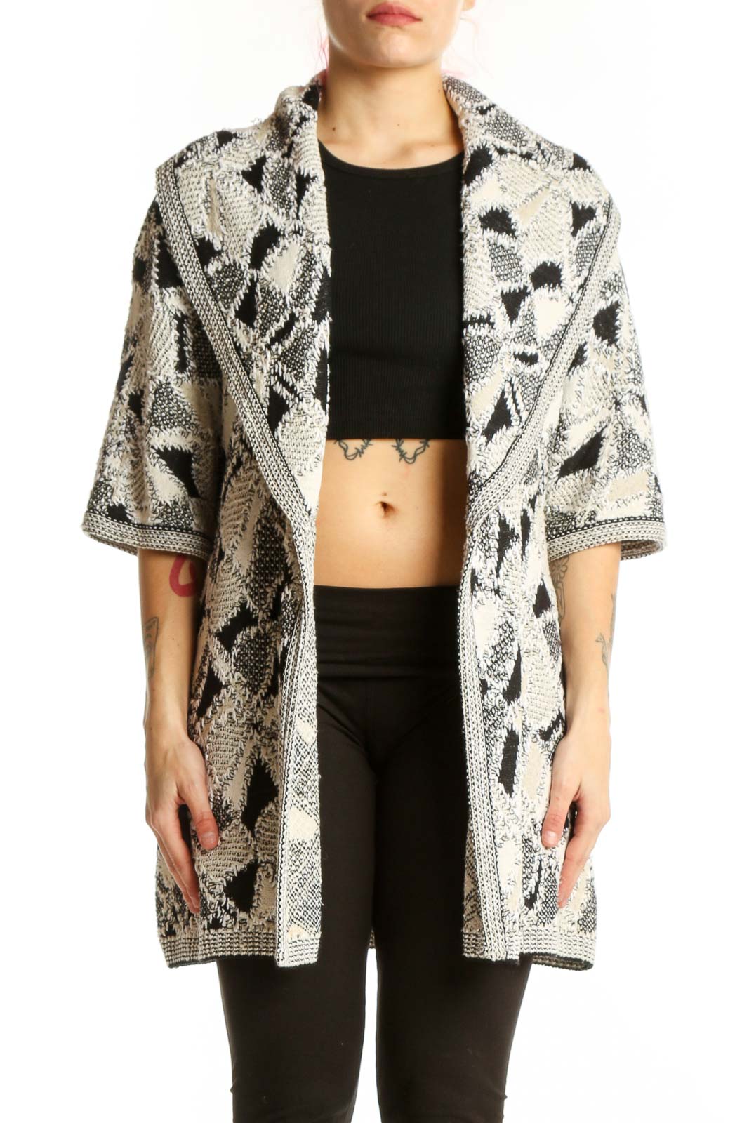 Cream Abstract Patterned Knit Cardigan Front