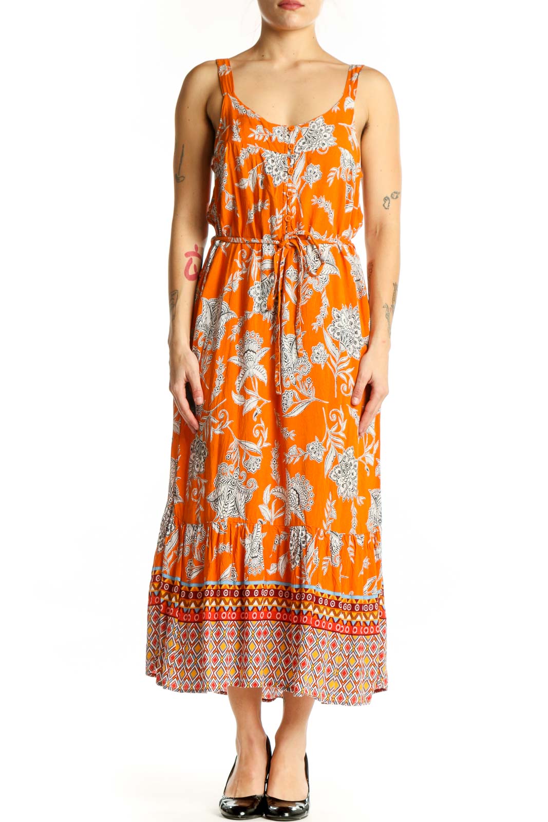 Orange Floral Viscose Midi Dress Front