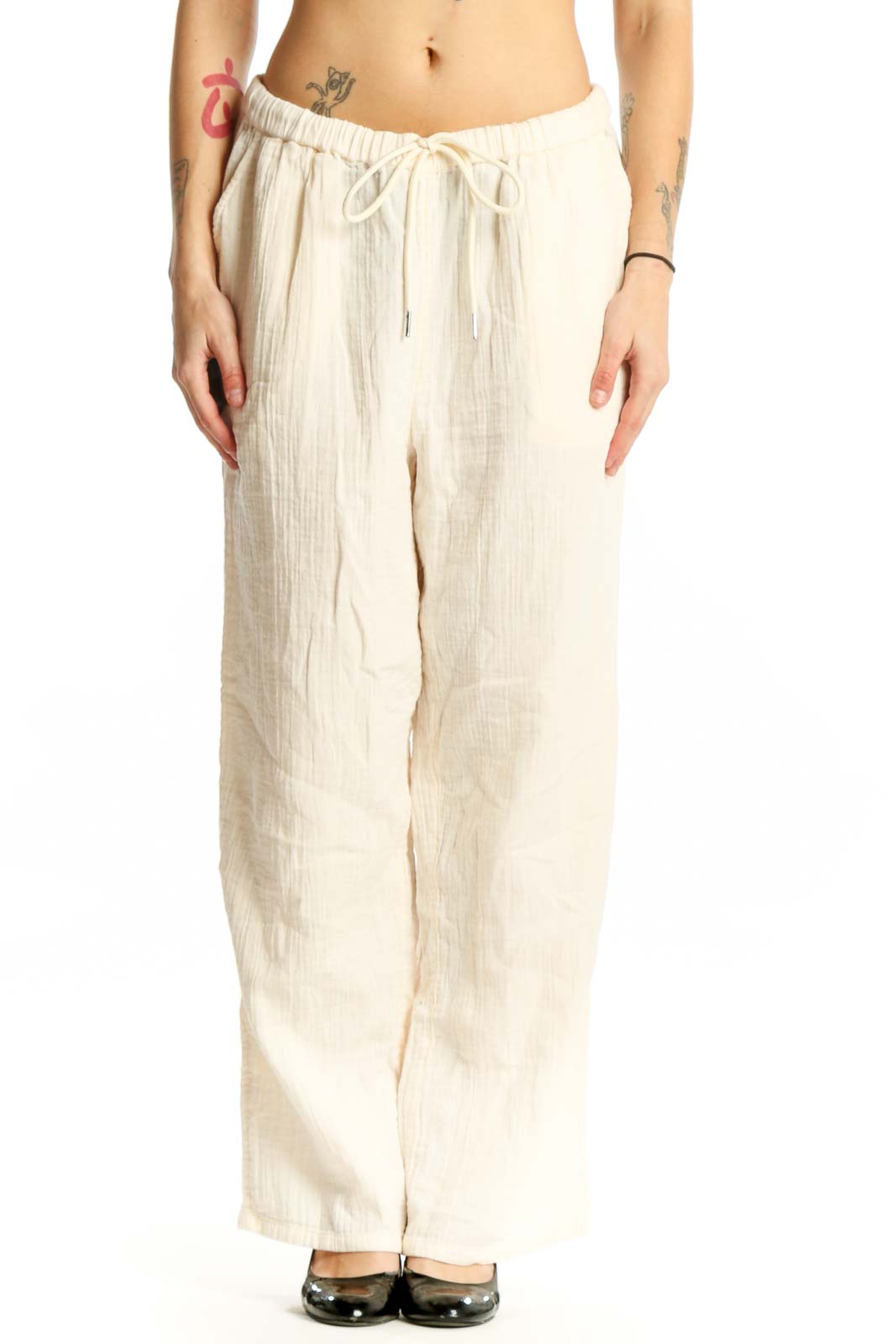 Cream Organic Cotton Drawstring Pants Front