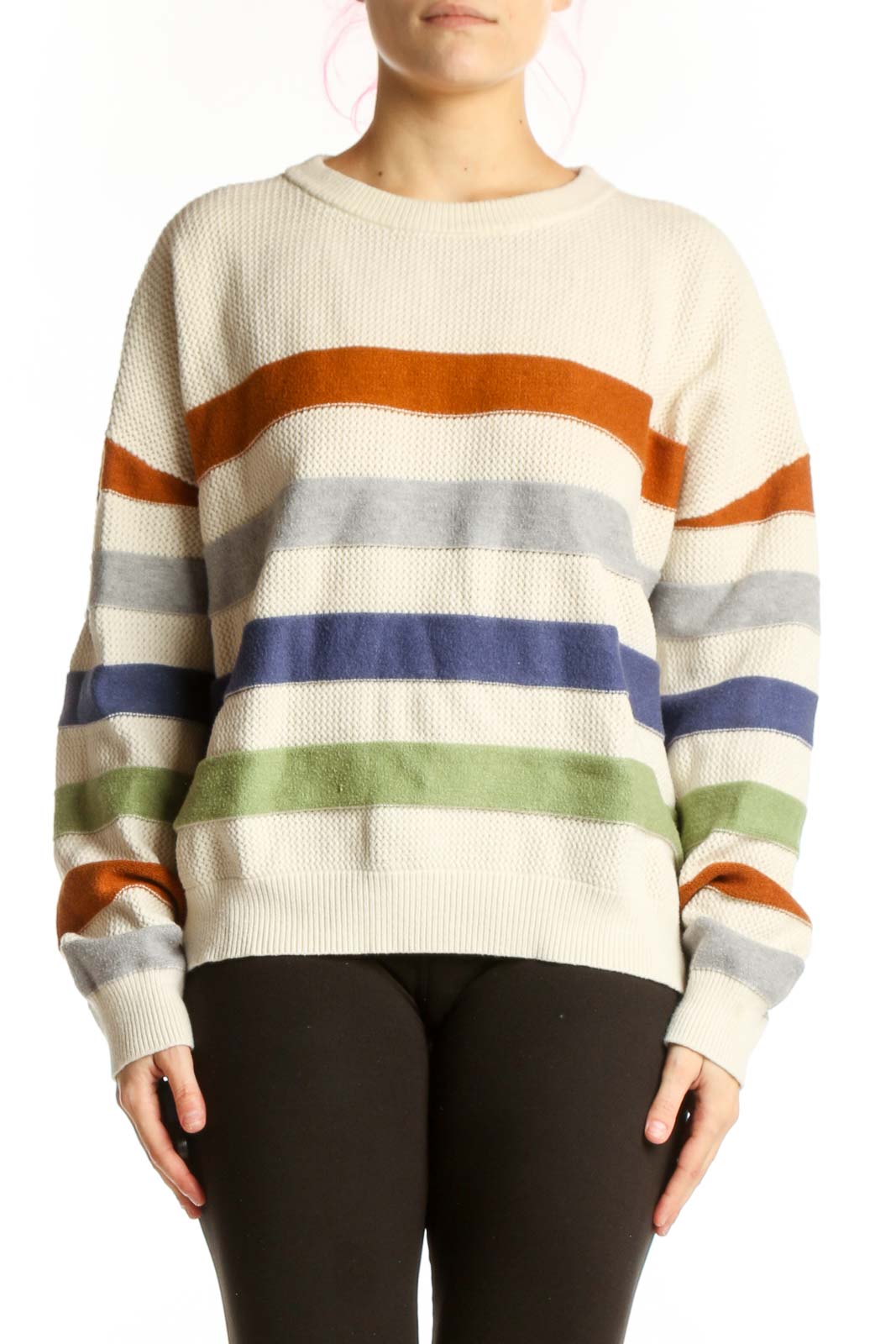 Cream Multicolor Striped Knit Pullover Front
