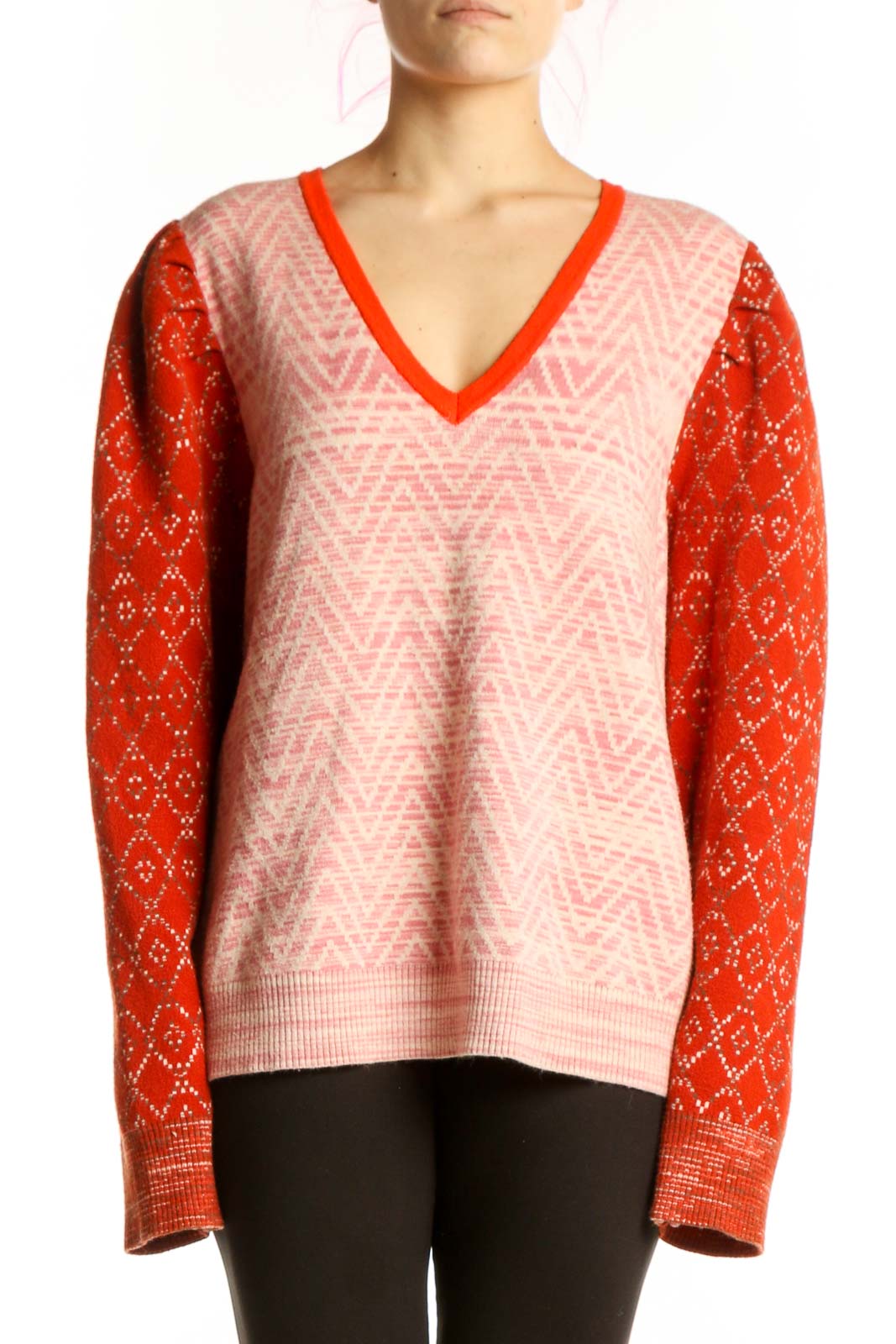 Red and Pink Colorblock Knit V-Neck Sweater Front