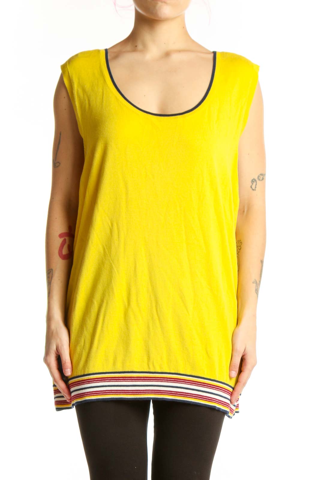 Yellow Sleeveless Tank Top with Striped Trim Front