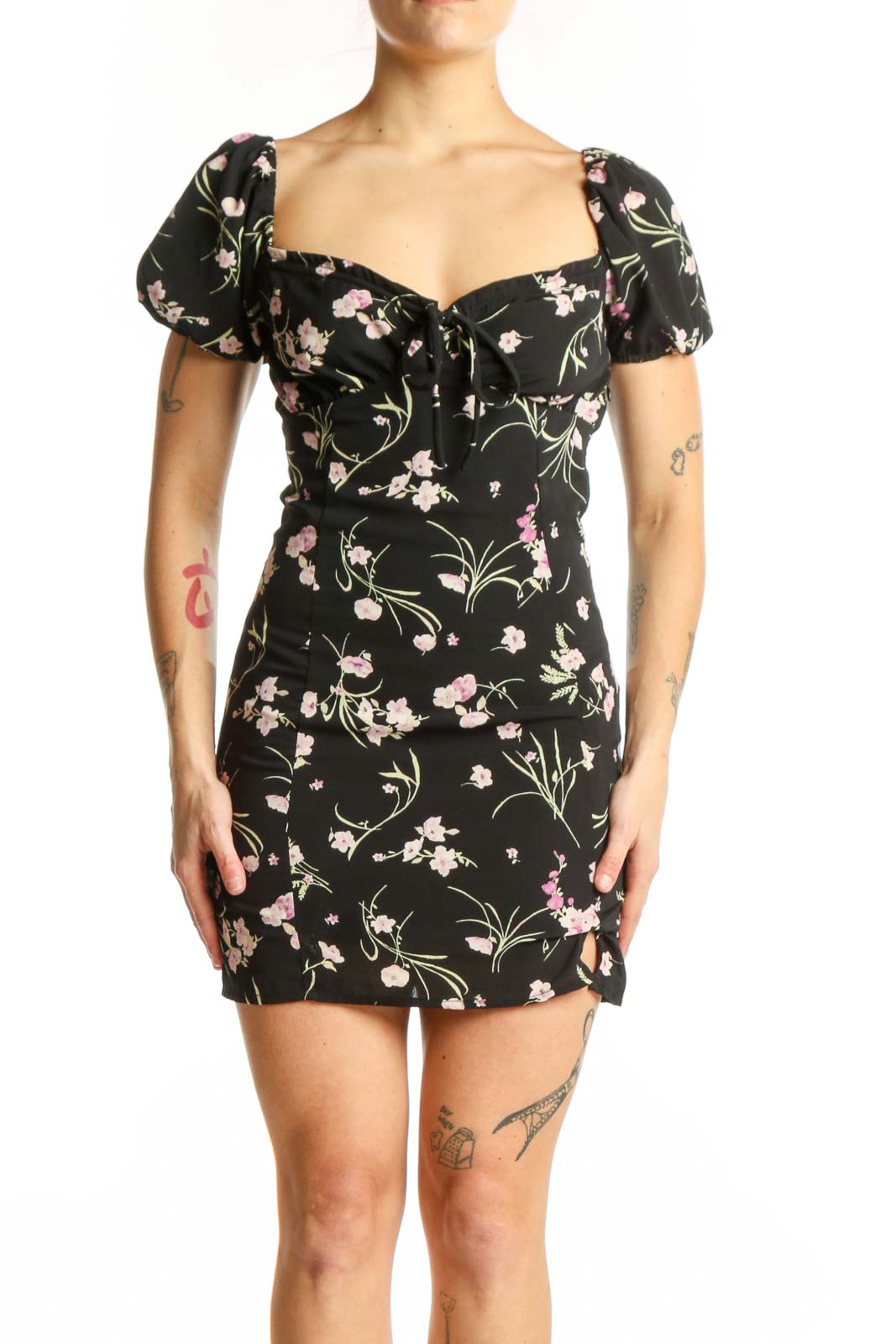 Black Floral Puff Sleeve Mini Dress Front