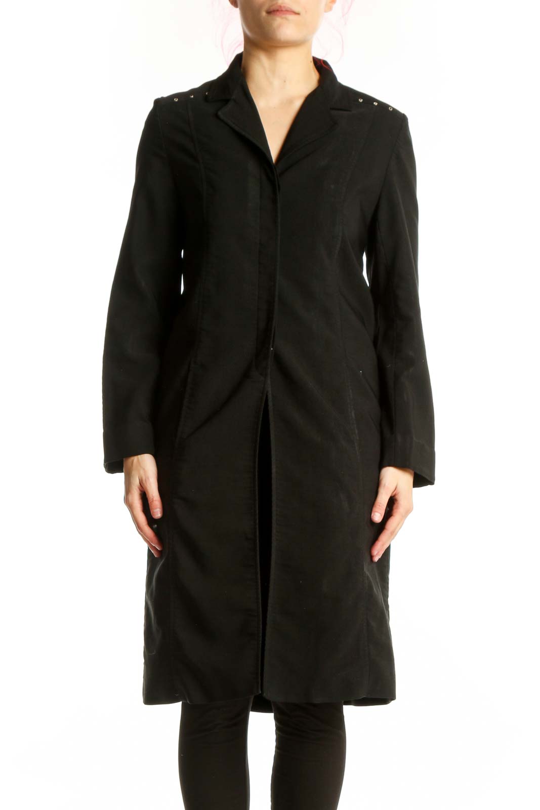 Black Notch Collar Button-Front Coat Dress Front