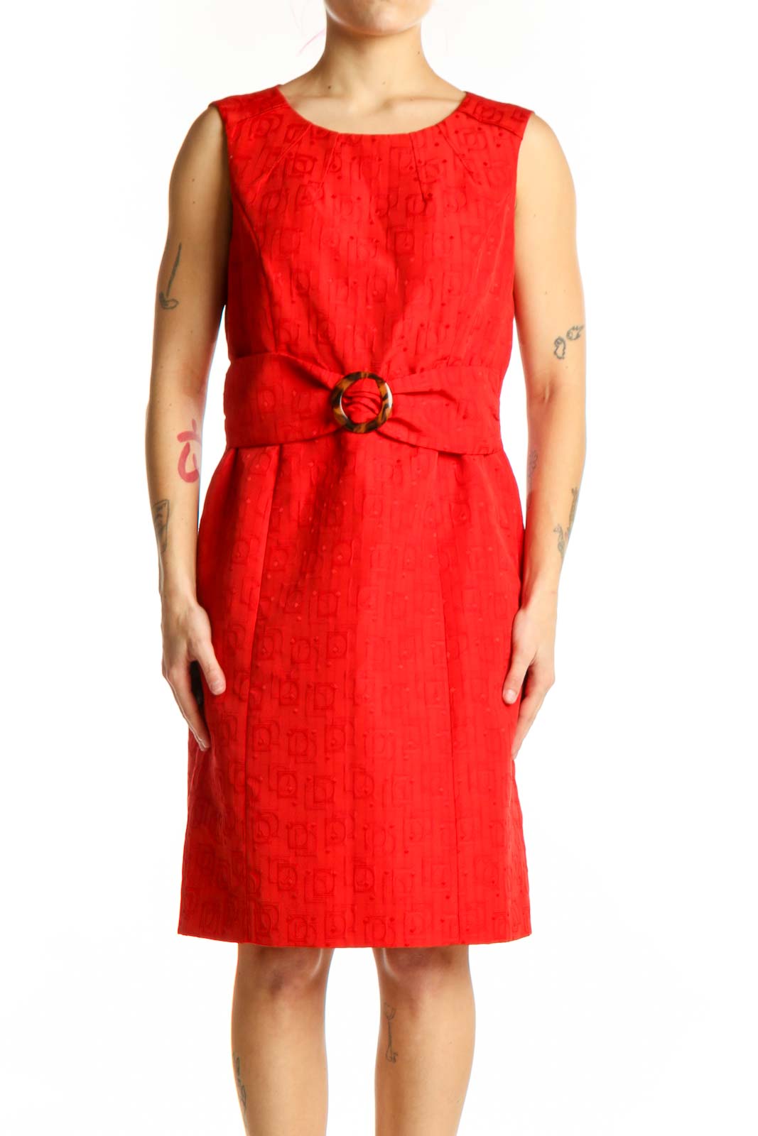 Red Sleeveless Belted A-Line Dress Front