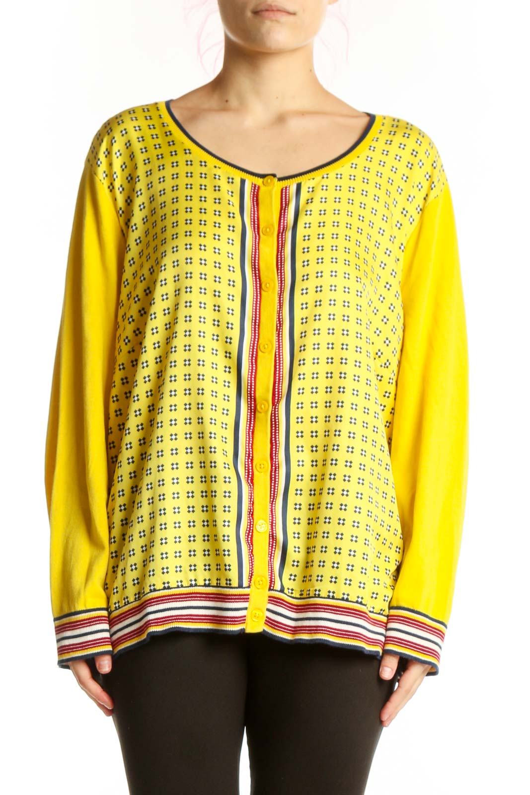 Yellow Geometric Print Cardigan Top Front