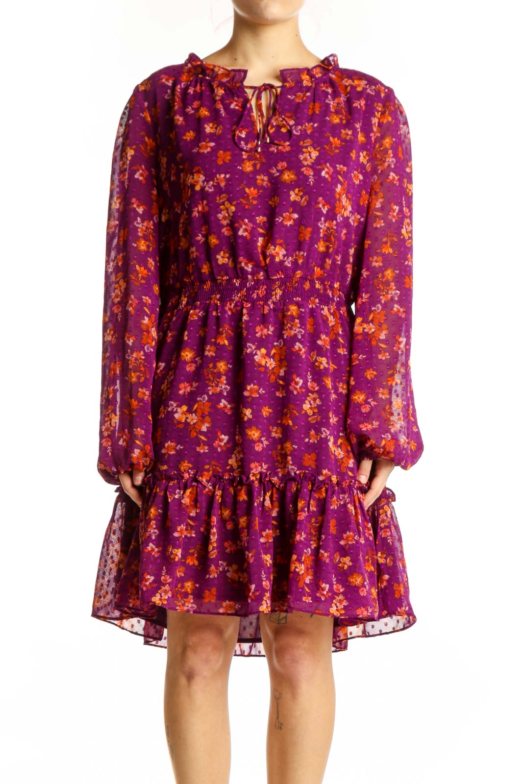 Purple Floral Long Sleeve Dress Front