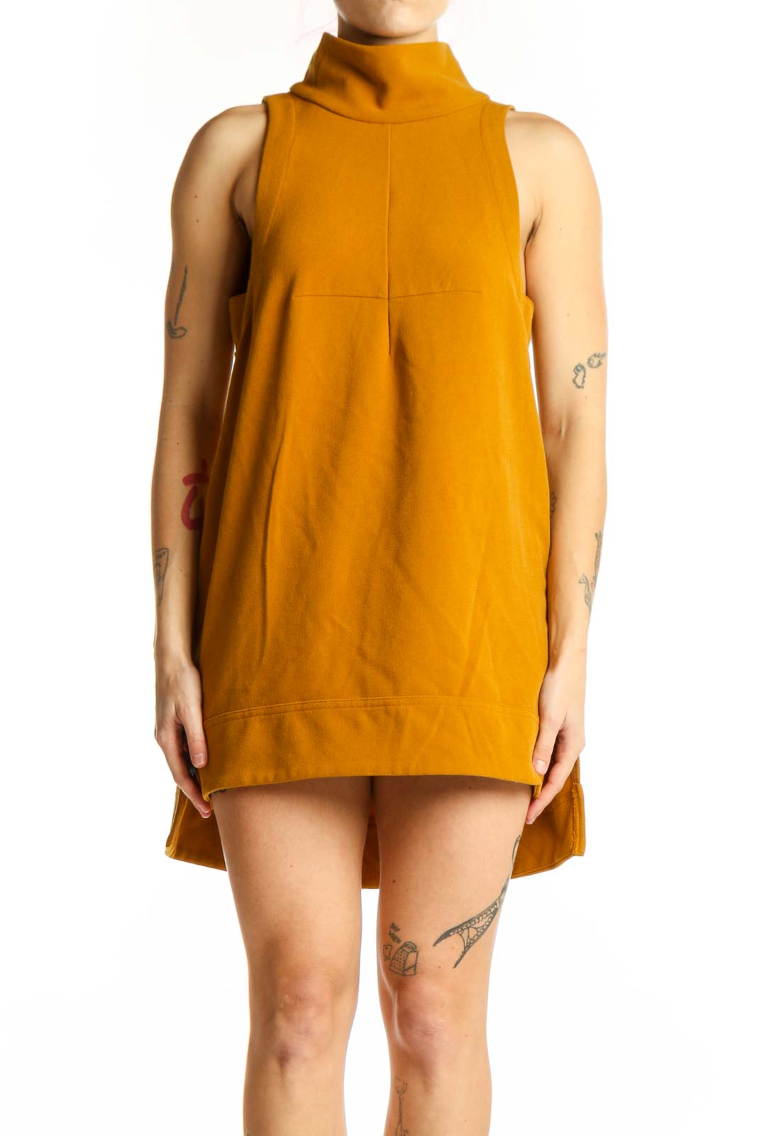 Gold Turtleneck Sleeveless A-Line Dress Front