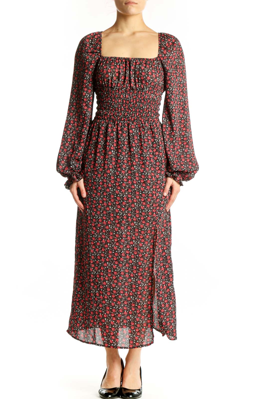 Burgundy Floral Long Sleeve Midi Dress Front