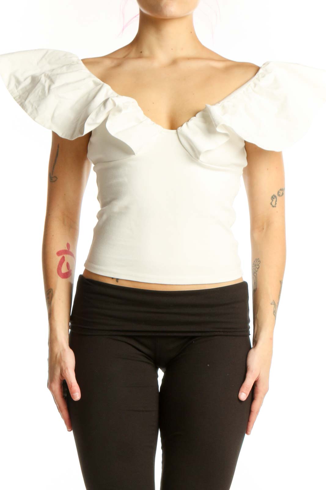 White Ruffle Off-Shoulder Crop Top Front