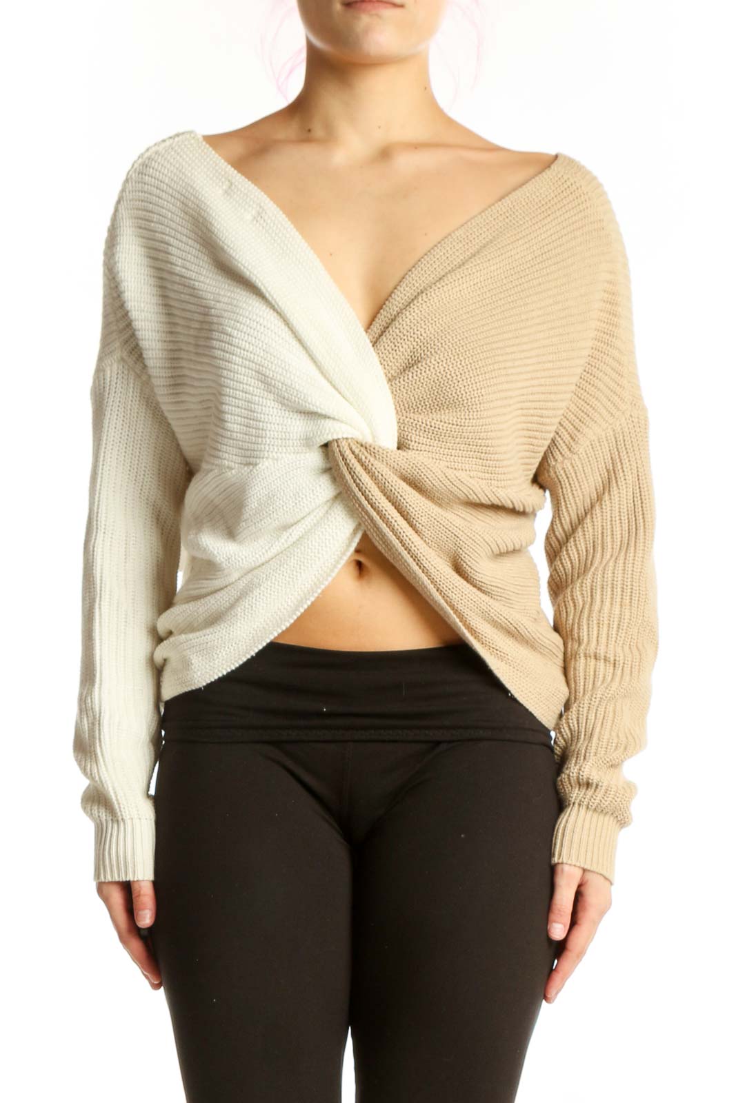 Cream Ribbed Knit Wrap Cardigan Front