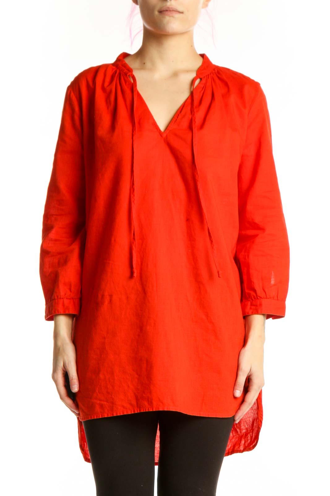 Red Cotton Linen Tunic Top Front
