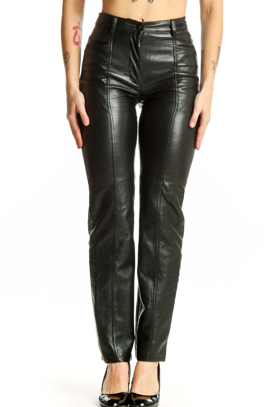 Black Leather Pants High-Waisted Slim Fit Front