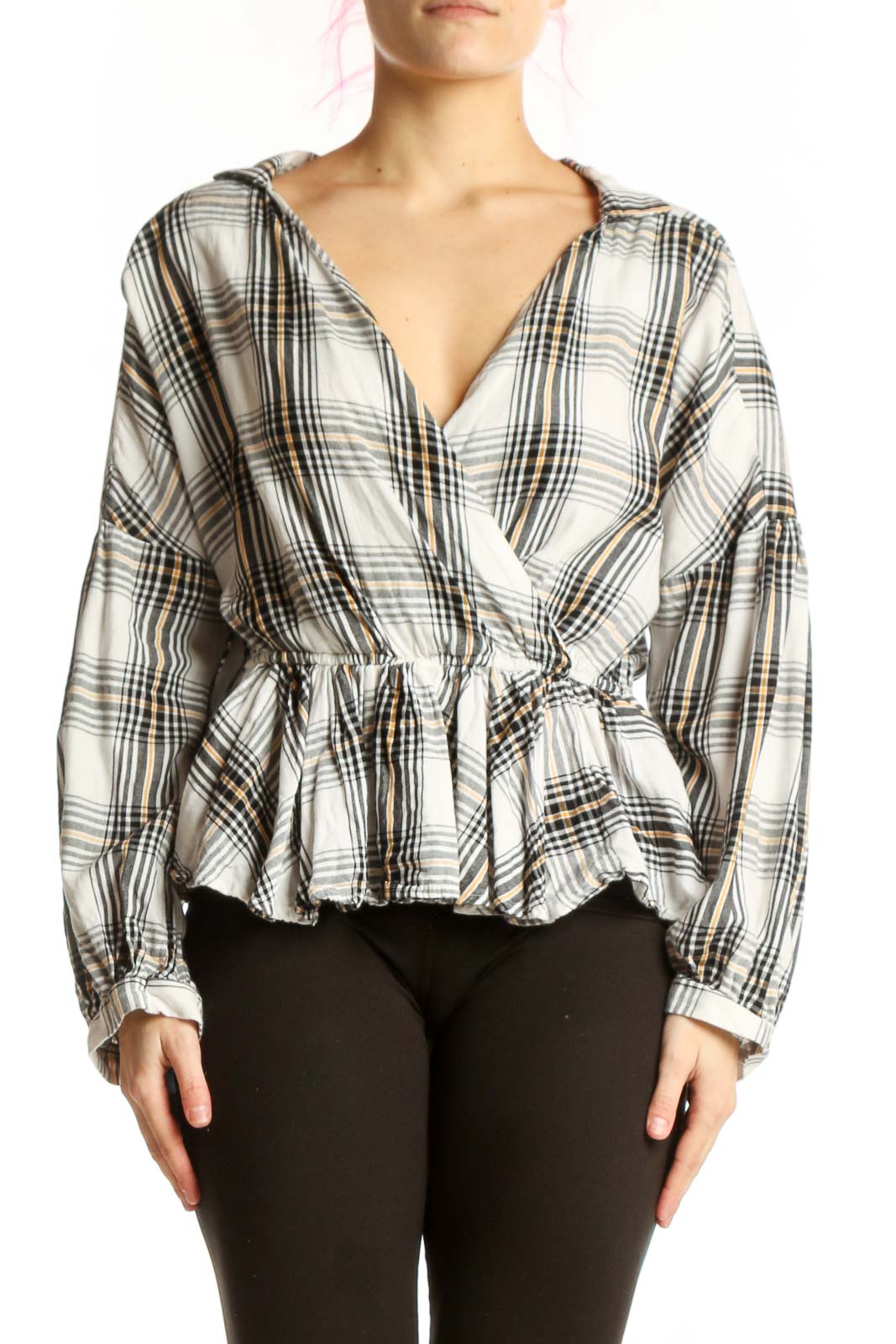 White Plaid Wrap Peplum Top Front
