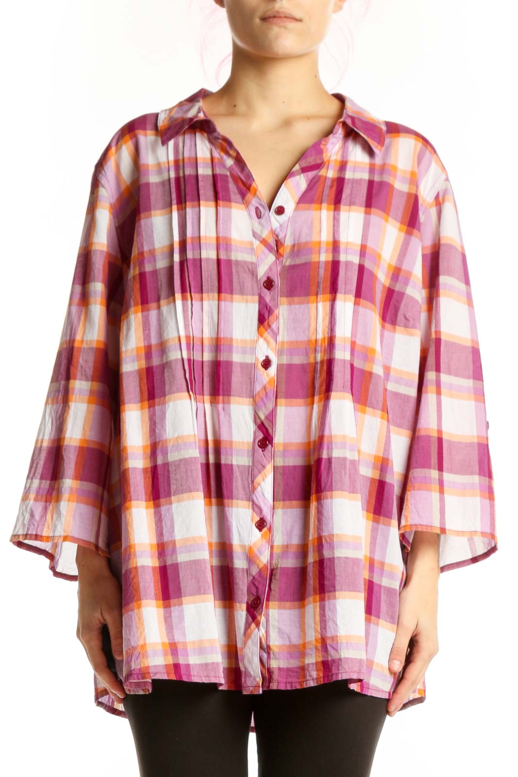 Pink Plaid Cotton Button-Up Shirt Front