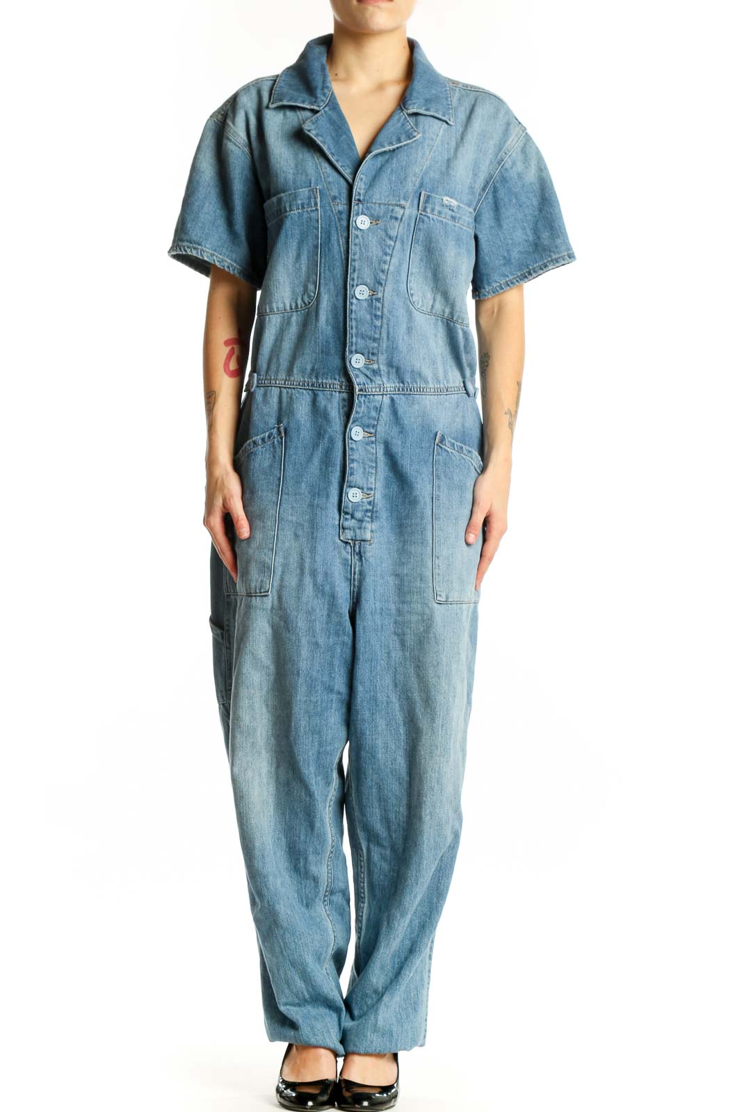 Blue Denim Short Sleeve Jumpsuit Front