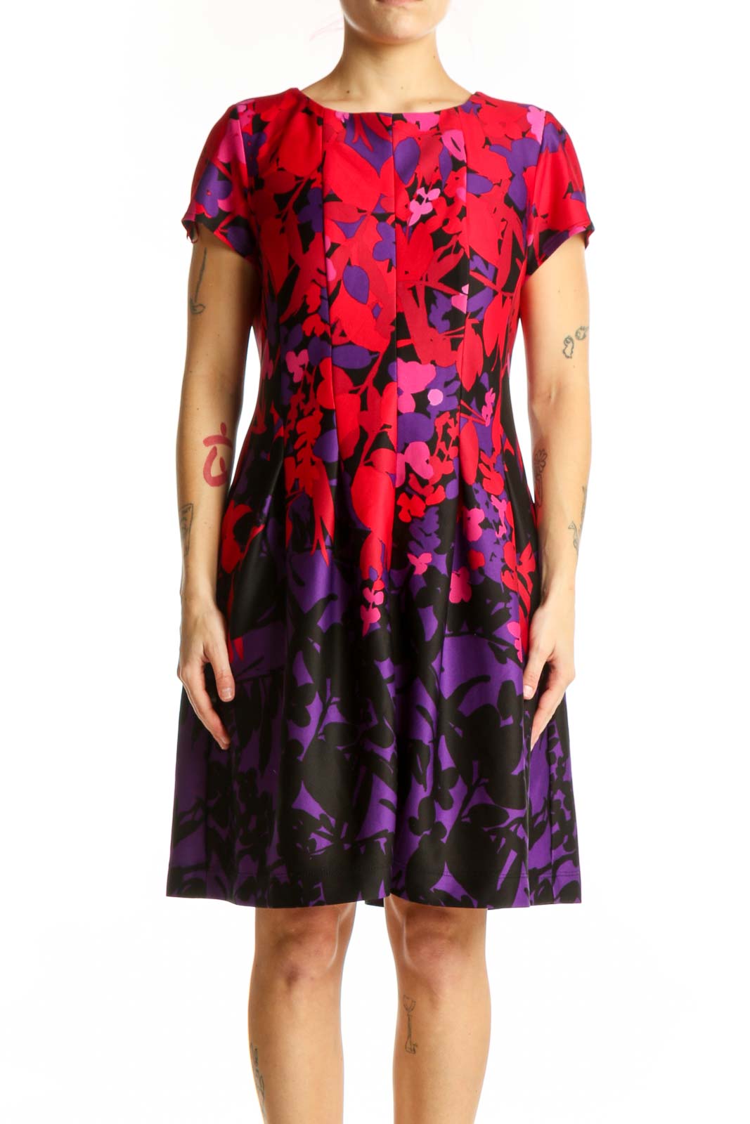Red Floral Abstract Print Fit and Flare Dress Front