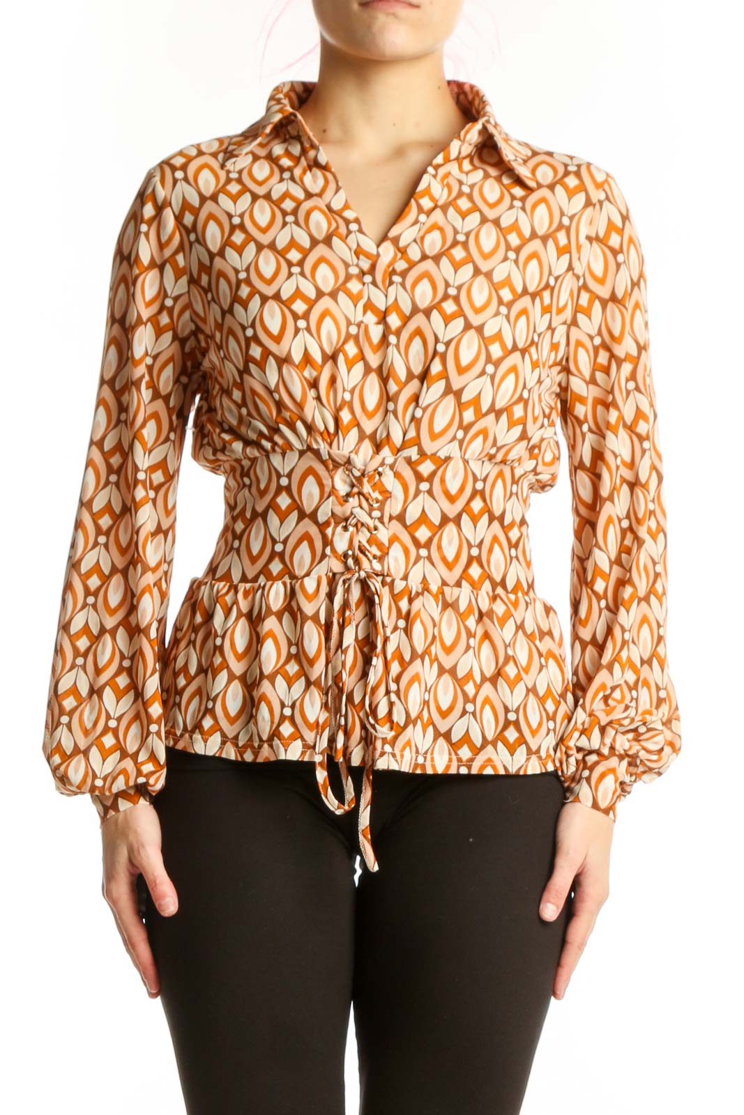 Orange Geometric Print Wrap Blouse Front