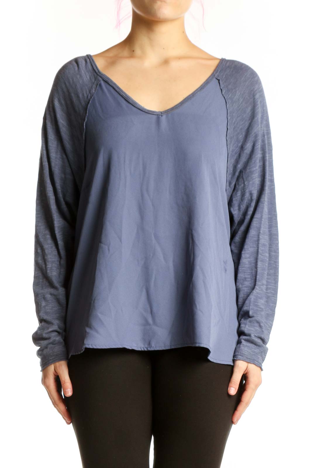 Blue V-Neck Long Sleeve Top Front