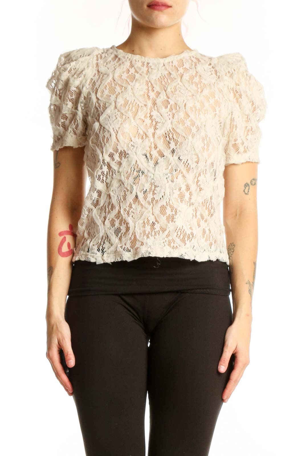 Cream Lace Puff Sleeve Top Front