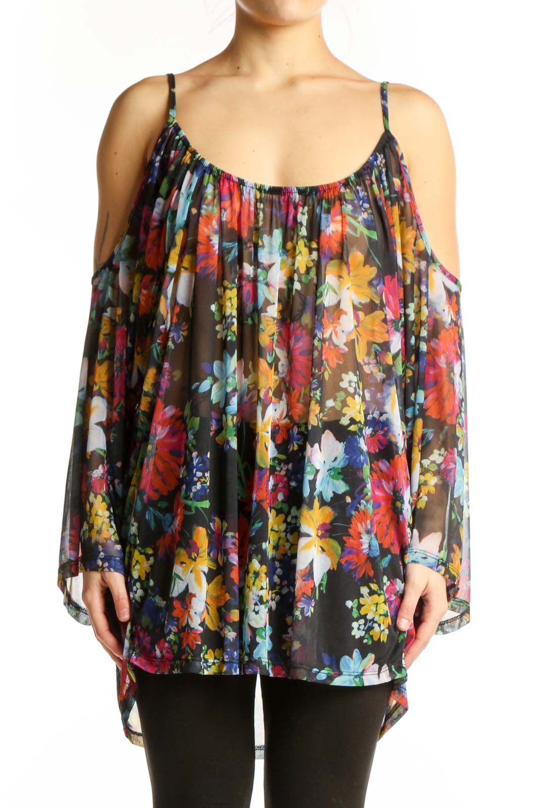 Multicolor Floral Cold Shoulder Blouse Front