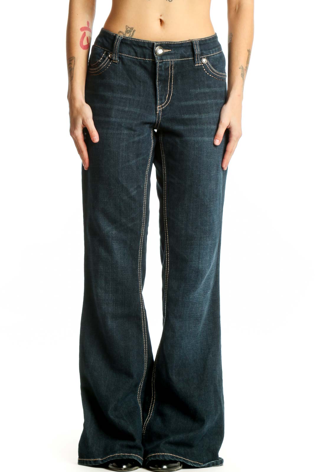 Dark Blue Denim Flare Jeans Front