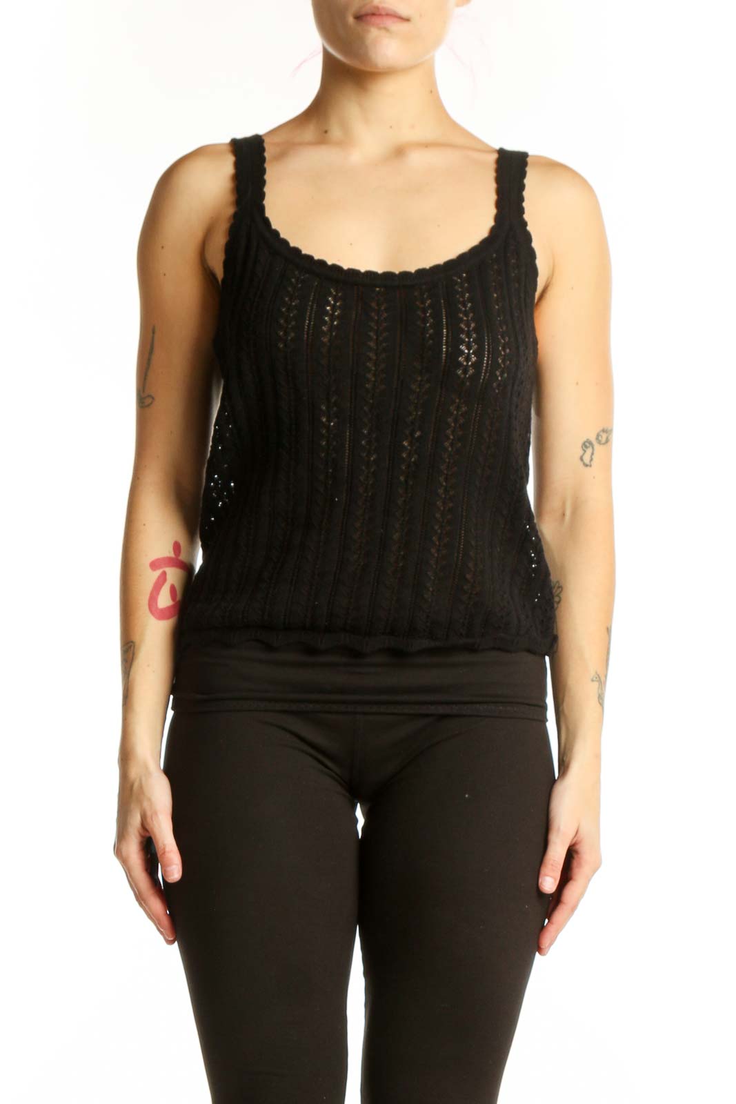 Black Cotton Knit Tank Top Front