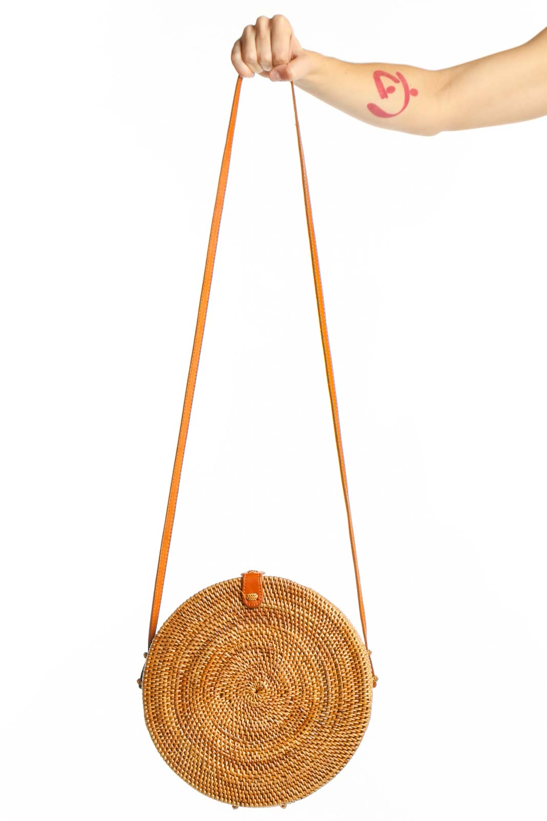 Tan Woven Round Shoulder Bag with Leather Straps Front