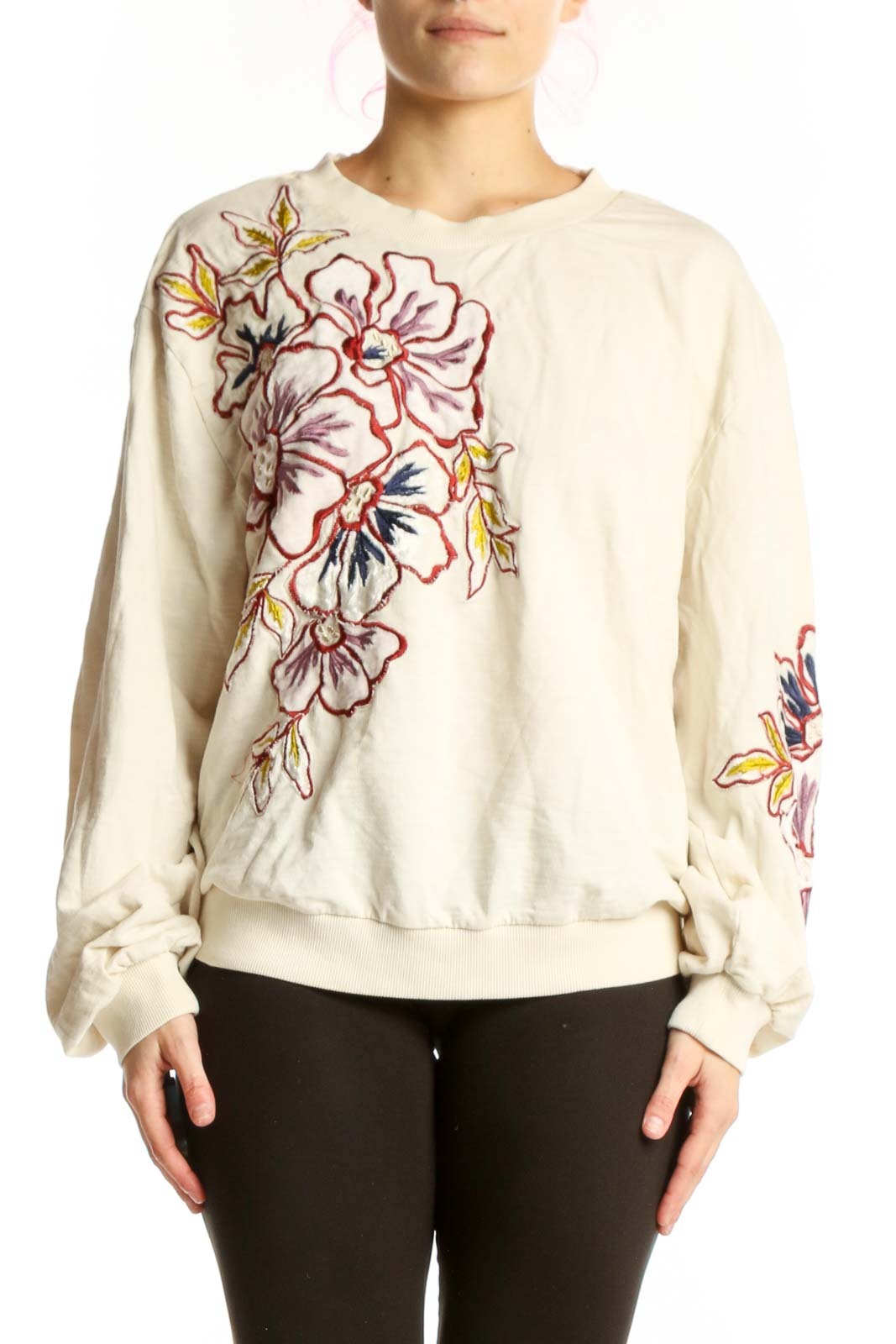 Cream Floral Embroidered Sweatshirt Top Front
