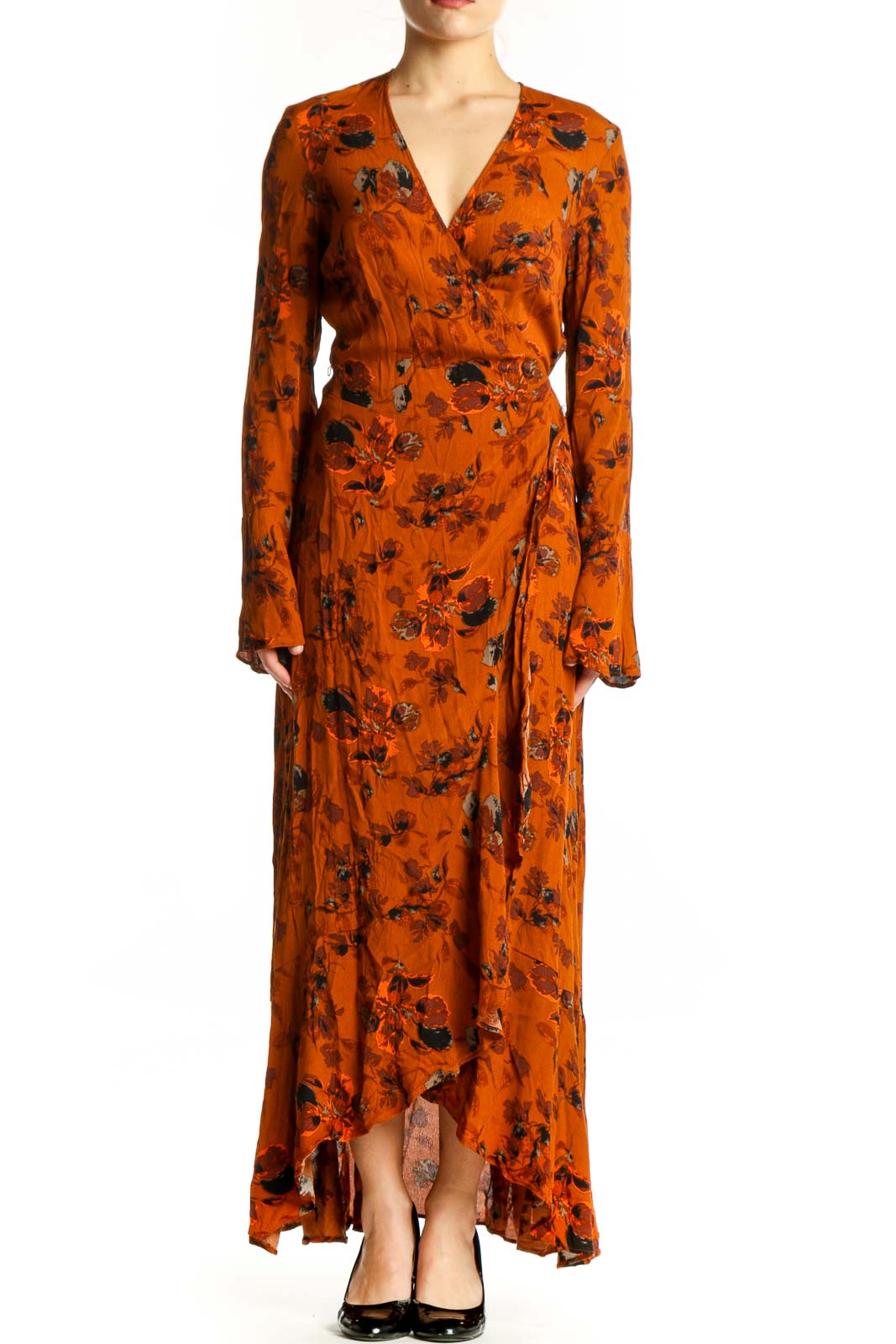 Orange Floral Wrap Rayon Dress Front