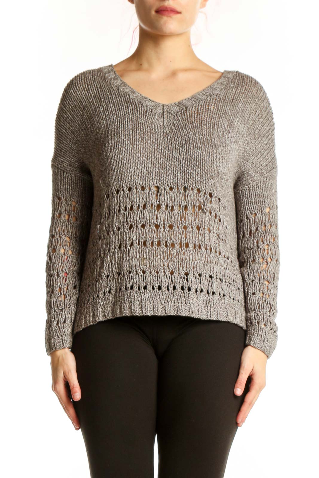Gray Knit V-Neck Pullover Sweater Front