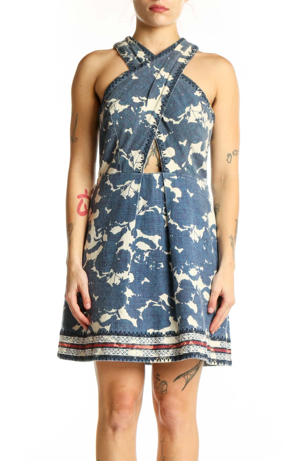 Navy Floral Halter Cutout Dress Front