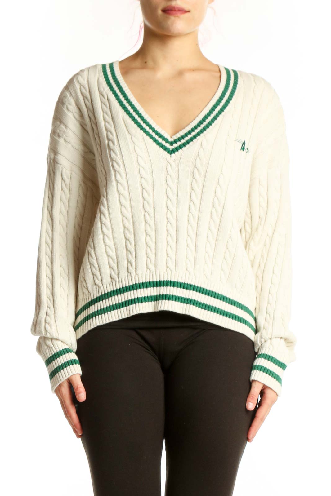 Cream Cable Knit V-Neck Pullover Sweater Front