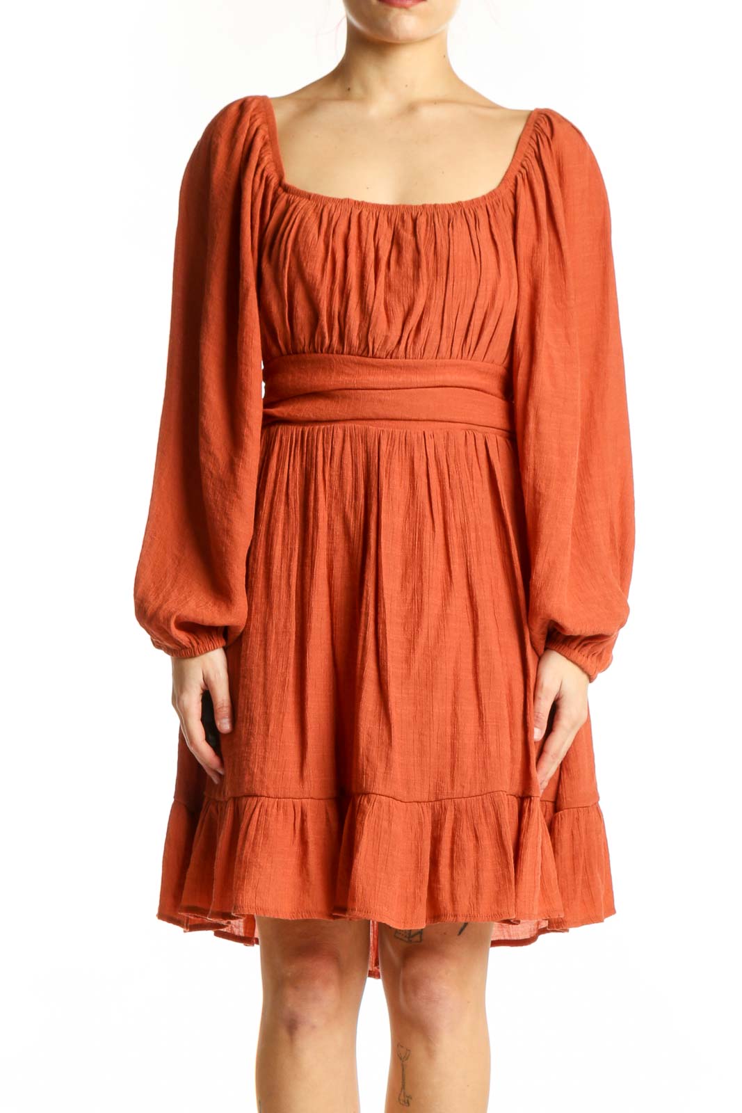 Orange Puff Sleeve Empire Waist Dress Front