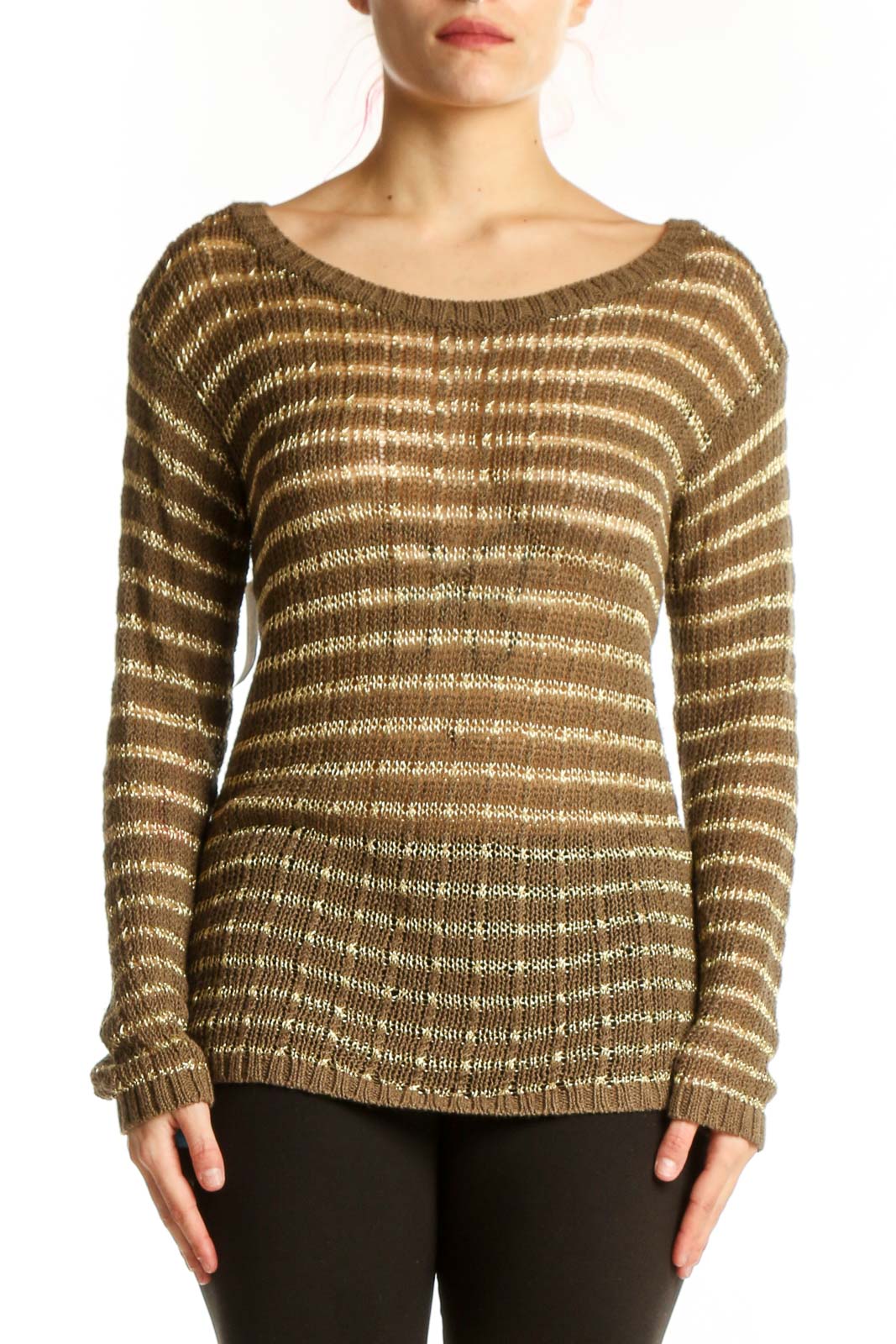 Gold Striped Metallic Knit Pullover Front
