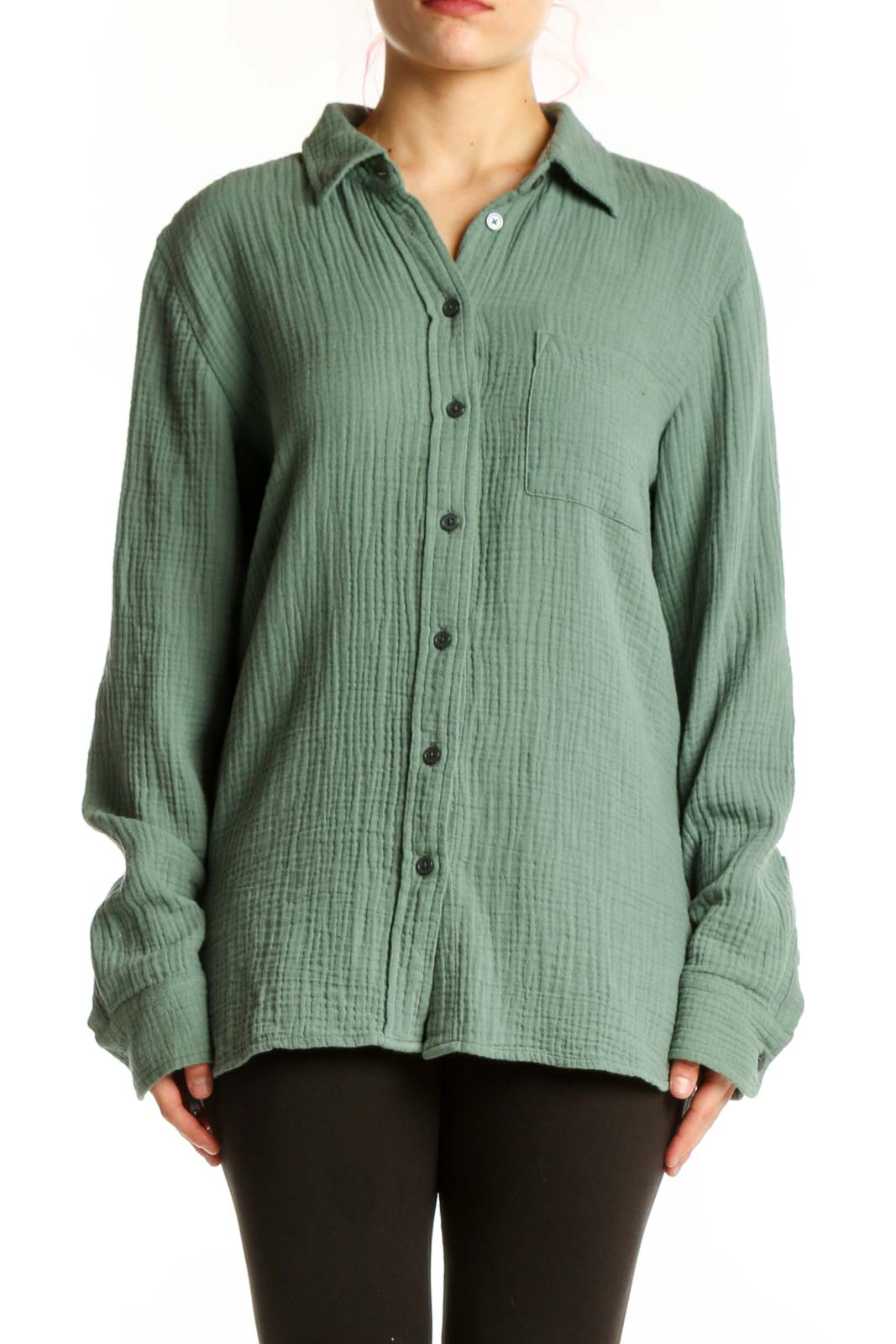 Green Cotton Button-Up Shirt Front