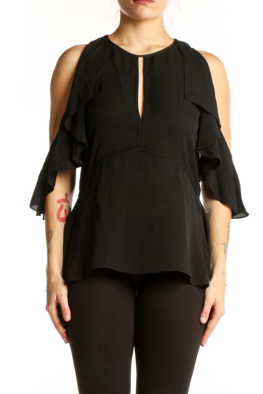 Black Silk Cold Shoulder Ruffle Top Front
