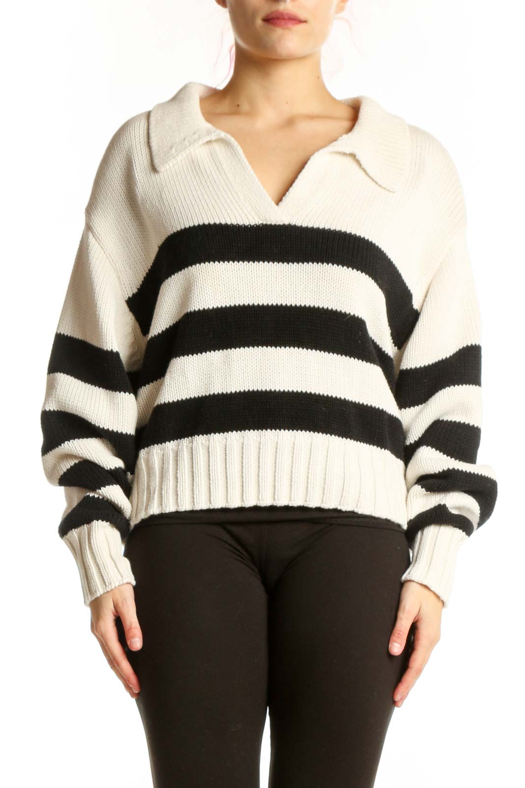 Cream and Black Striped Knit Pullover Front