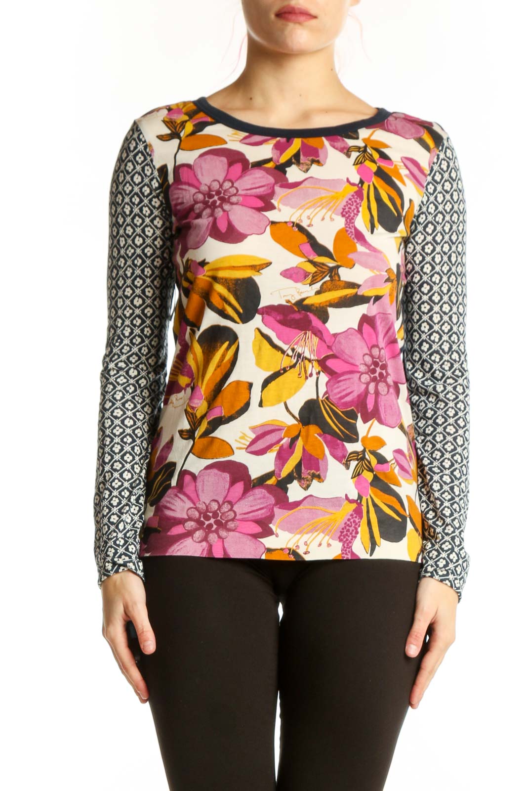 Multicolor Floral Pima Cotton Long Sleeve Top Front