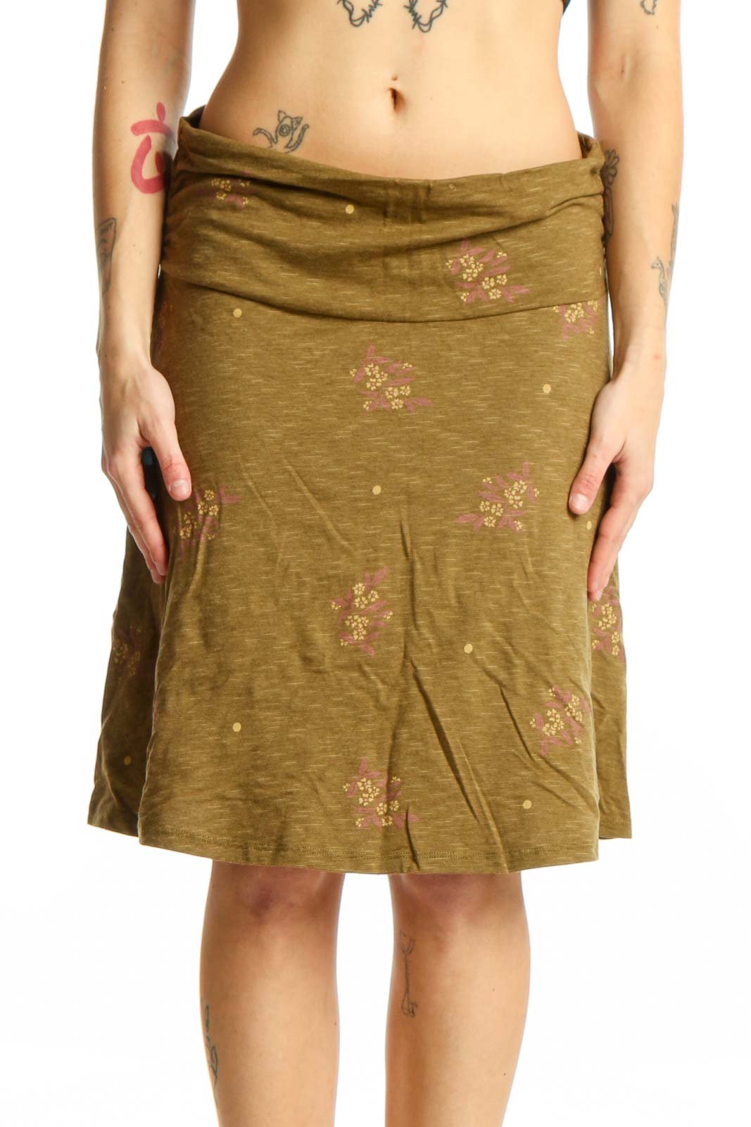 Olive Floral A-Line Knee Skirt Front