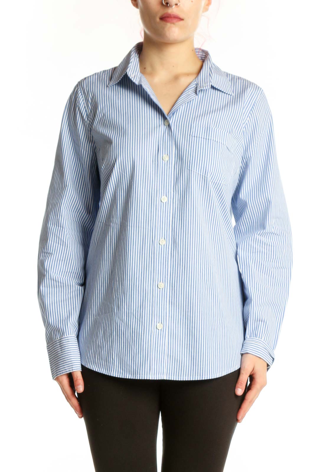 Blue Striped Cotton Button-Down Shirt Front