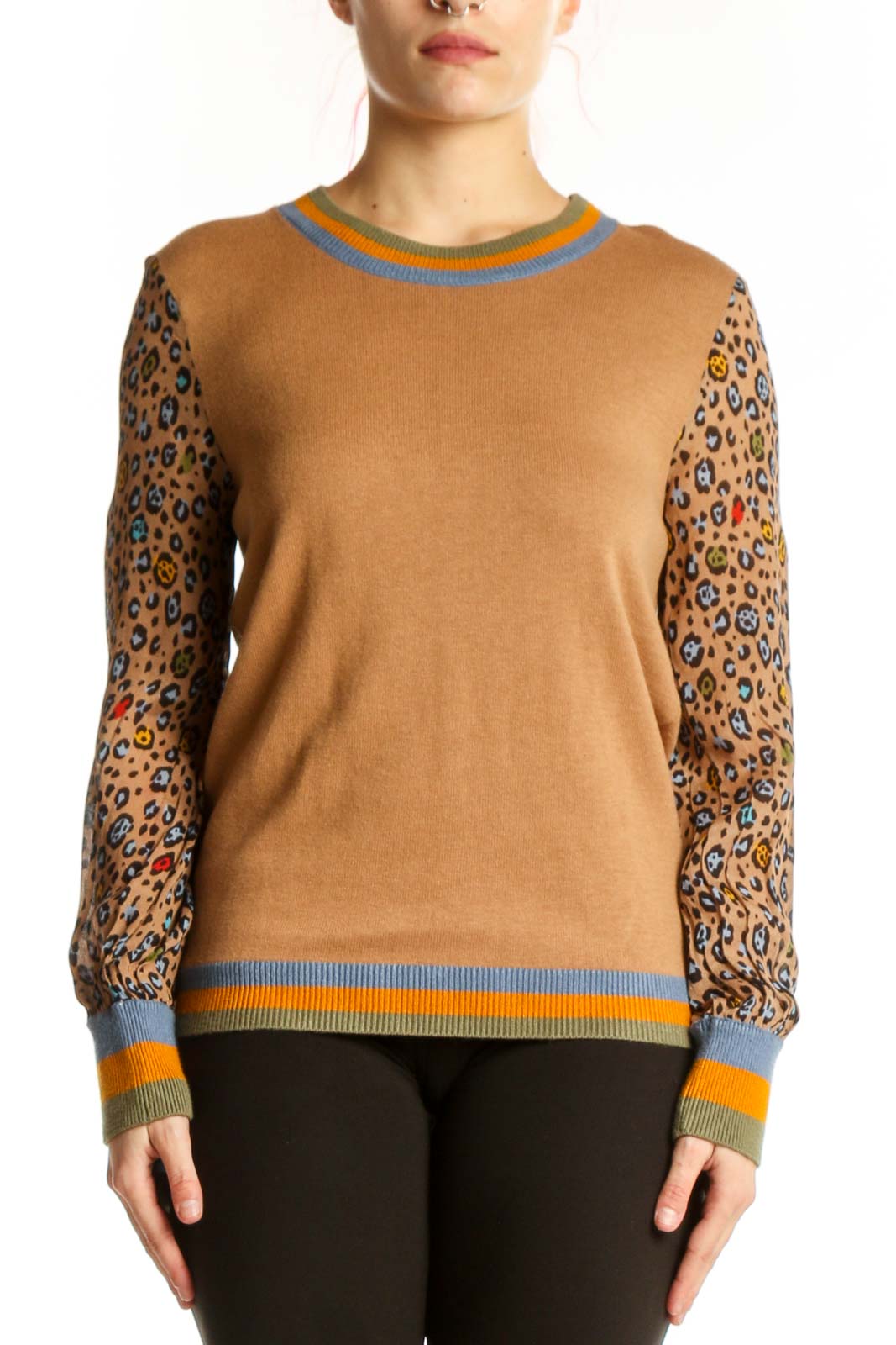 Camel Leopard Print Colorblock Sweater Front