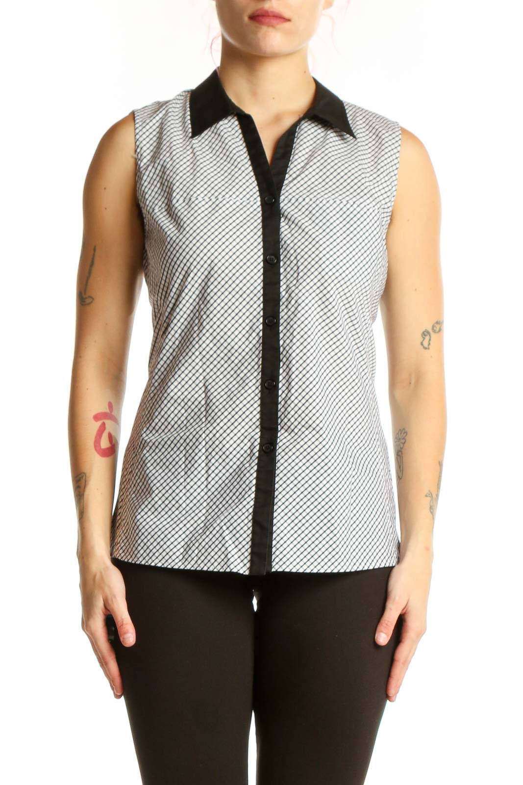 White Diagonal Striped Sleeveless Button-Up Top Front