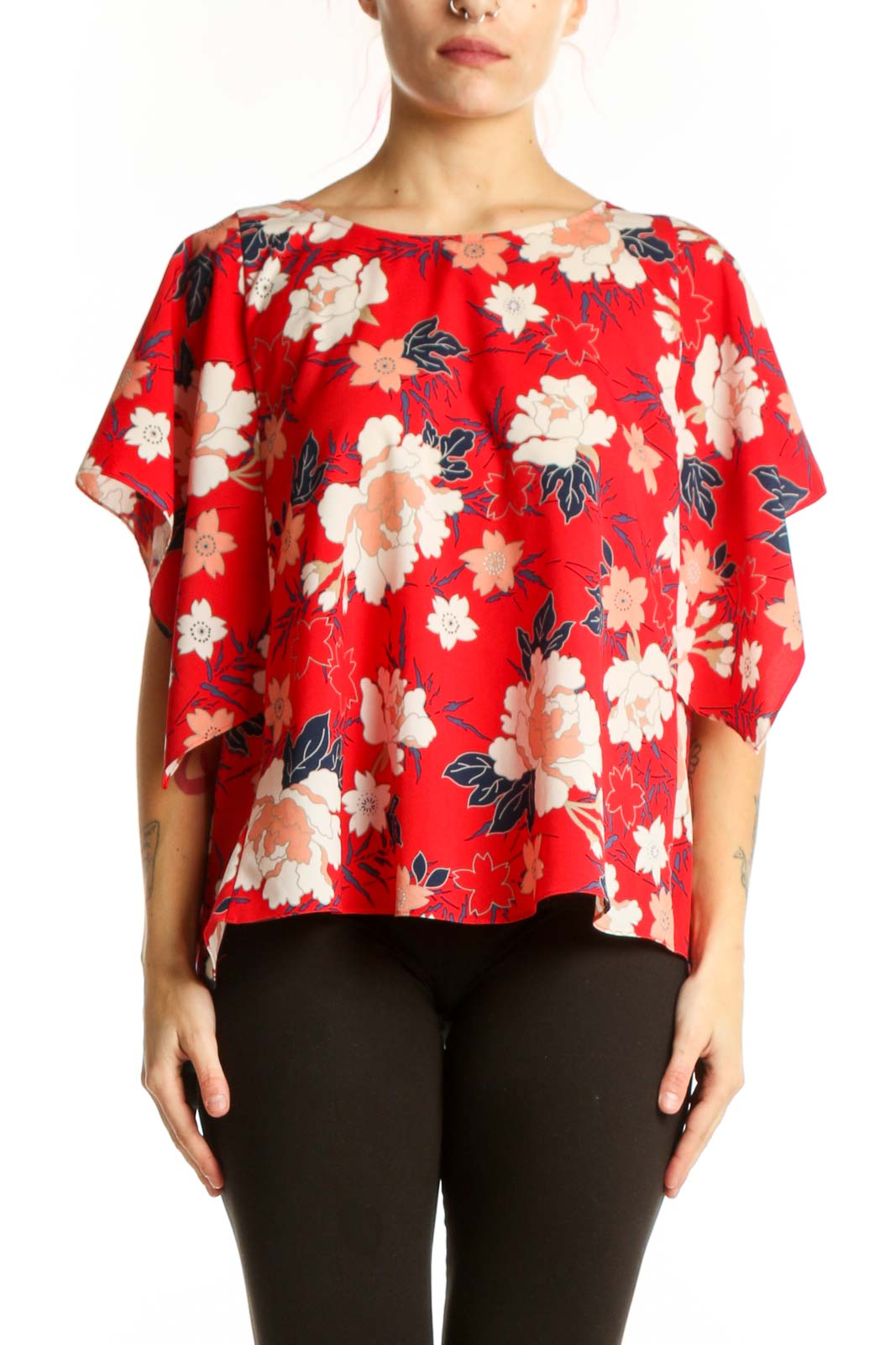 Red Floral Short Sleeve Blouse Front