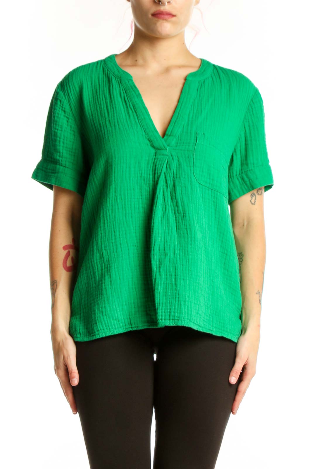 Green V-Neck Cotton Short Sleeve Top Front