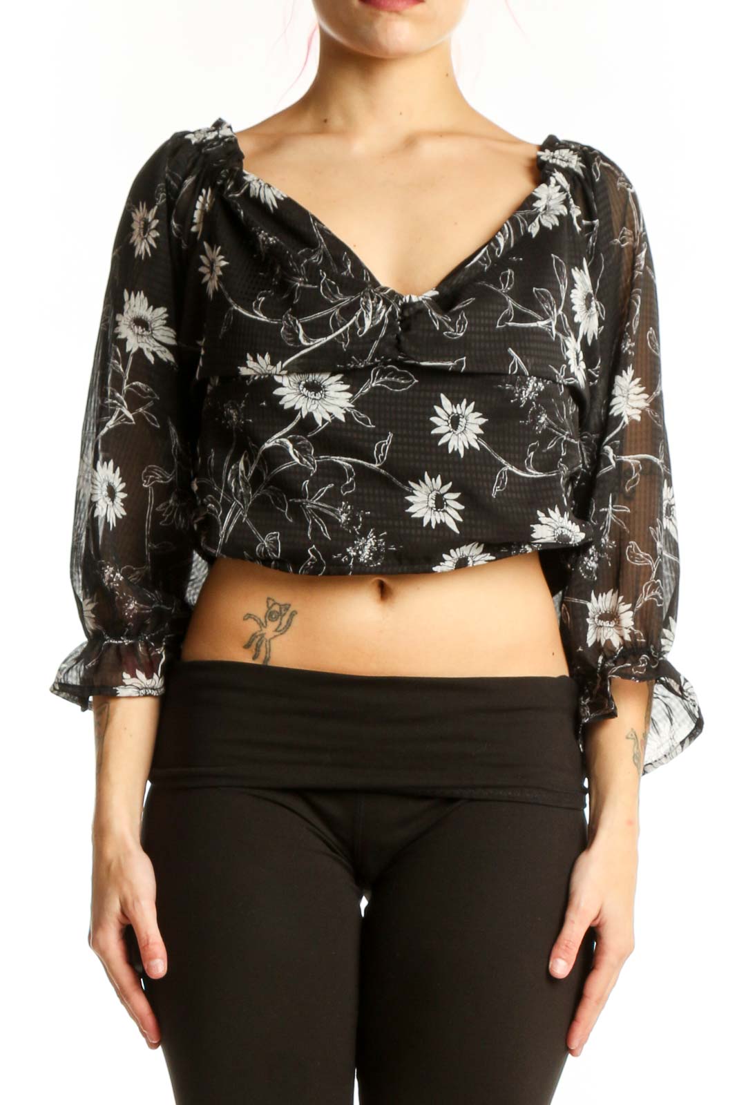 Black Floral Cropped Puff Sleeve Top Front