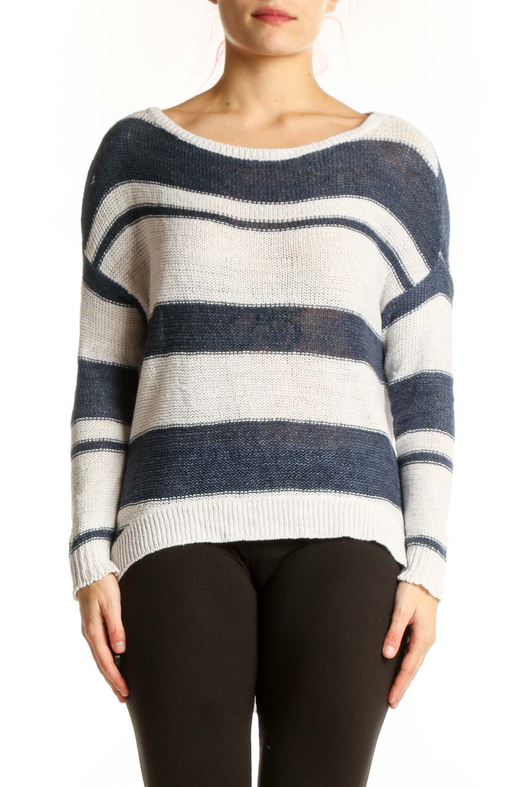 Navy Striped Linen Knit Sweater Front