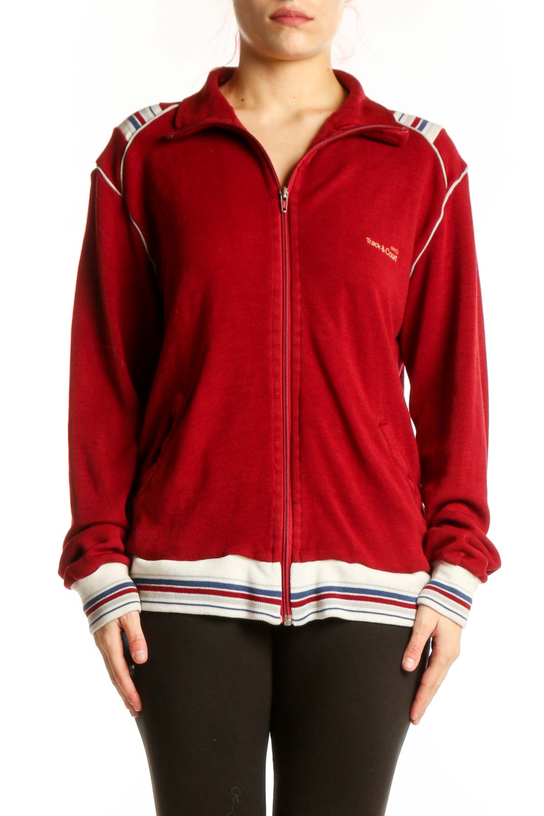 Red Varsity Track Jacket with Striped Trim Front